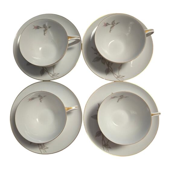 VTG Sango Japan Gold Rim Pastoral Pink Roses Flat Cup & Saucer Set of 4 READ - Picture 2 of 7